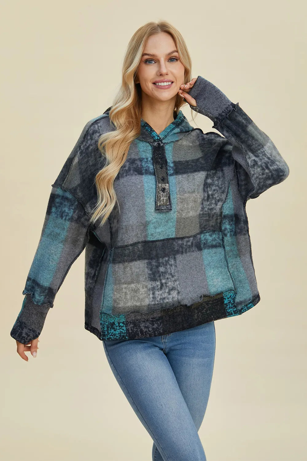 Sarah Express Women's Plaid Dropped Shoulder Fleece Hoodie Dark Gray