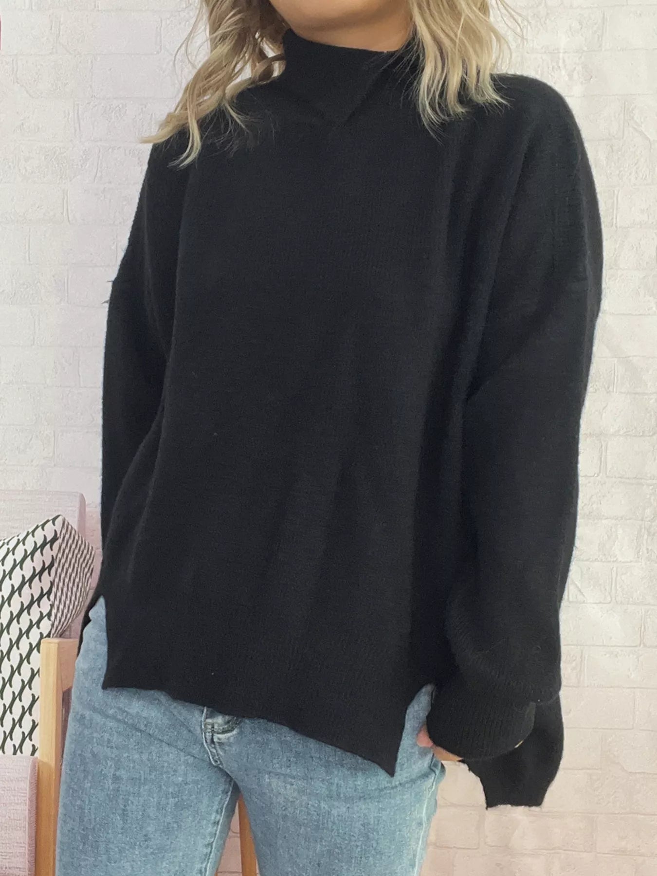 Sarah Express Women's Slit Turtleneck Long Sleeve Sweater Black One Size