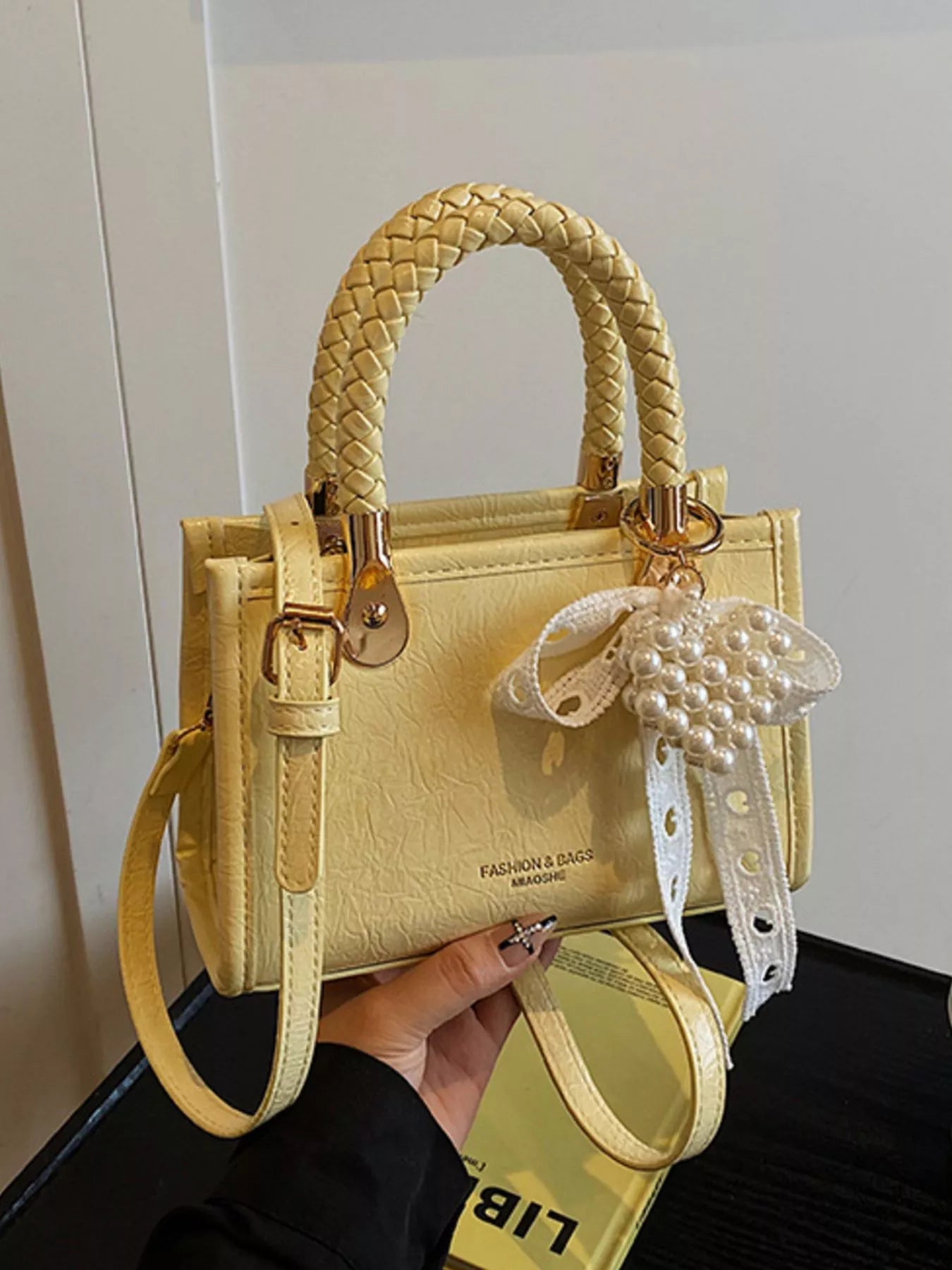 Sarah Express Women's Mini Crossbody Bag with Pearl Decor & Braided Handle