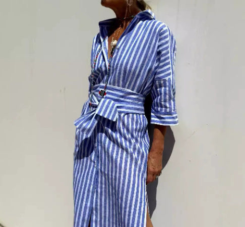 Sarah Express Women's Striped Shirt Dress Button Front Maxi with Belt