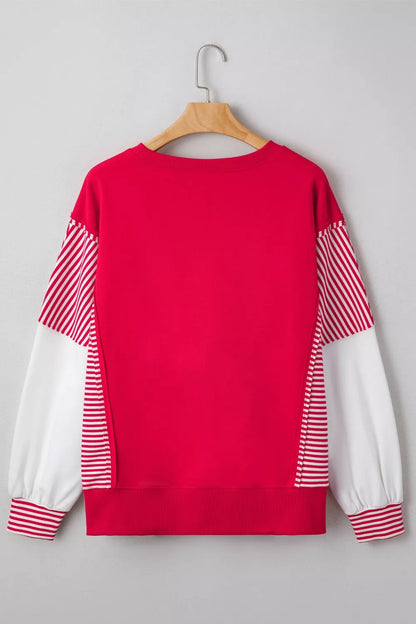 Sarah Express Women's Valentines Day Sequin Heart Striped Color Block Patchwork Sweatshirt