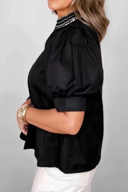 Sarah Express Women's Embroidered V-Neck Blouse - Short Puff Sleeve Cotton Lyocell Top