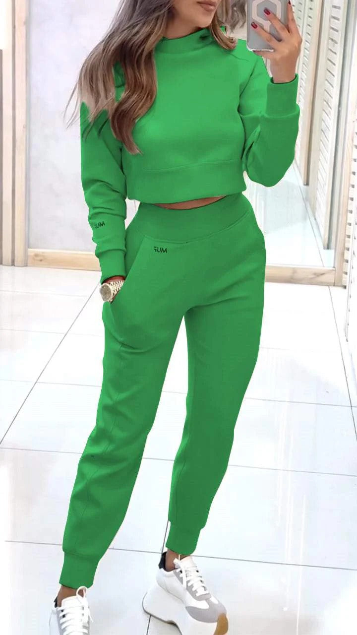 Sarah Express Women's Stand Collar Sports Suit Set - Pullover Top & Slim Trousers with Pockets Solid Color Tracksuit Green
