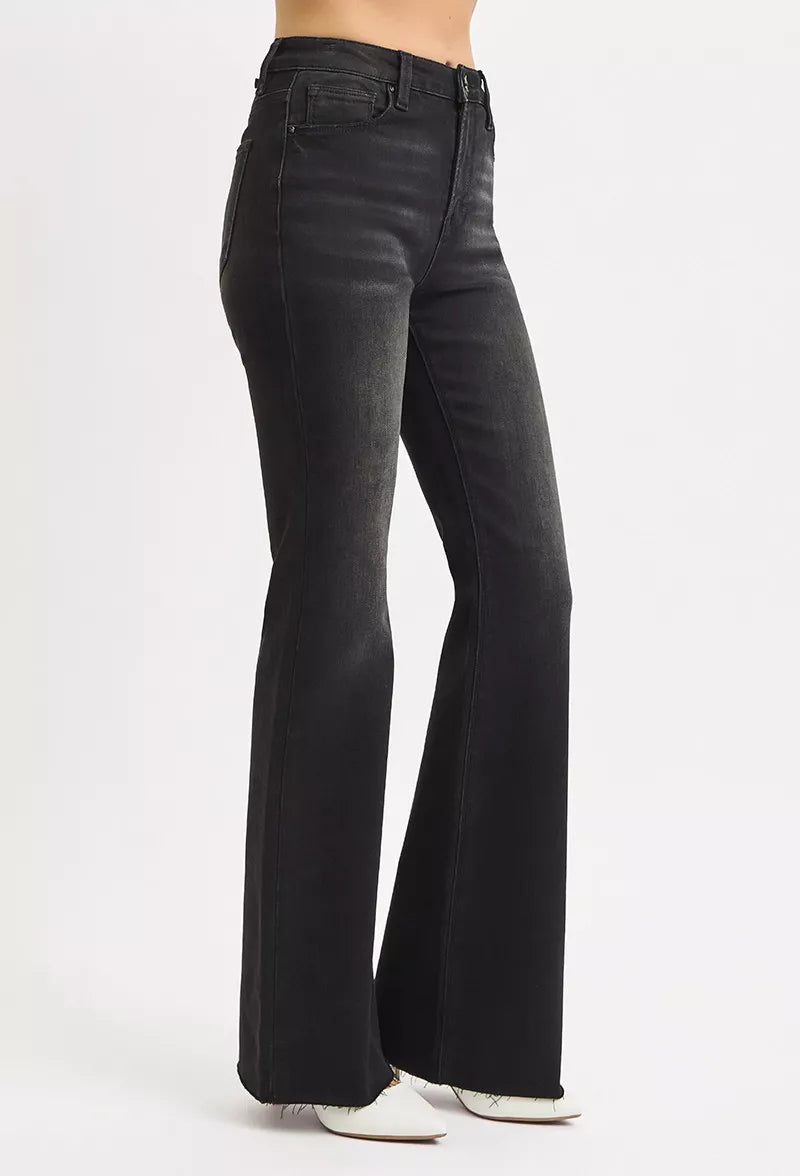 Sarah Express Women’s Plus Size High Rise Raw Hem Flare Jeans
