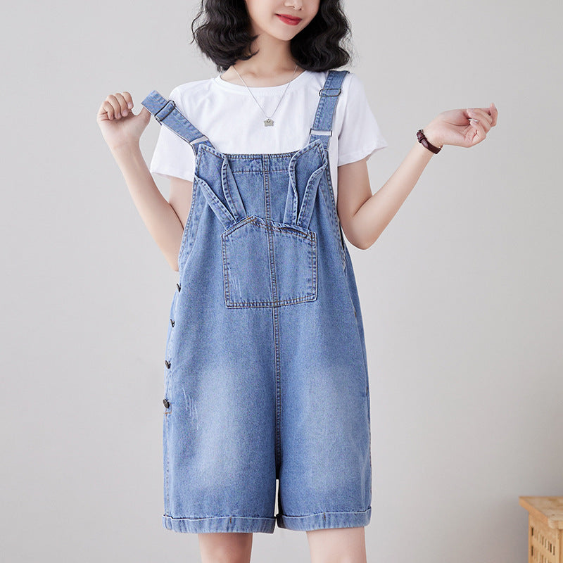 Sarah Express Denim Overalls Loose Straight Leg High Waist Suspender Pants