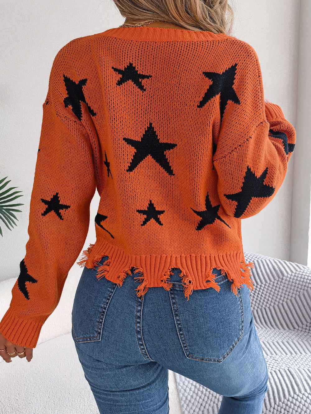 Sarah Express Women's Star Distressed V-Neck Knit Sweater - Long Sleeve Casual Pullover