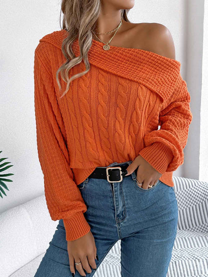 Sarah Express Women's Off-Shoulder Cable Knit Pullover Sweater - Lapel Neckline
