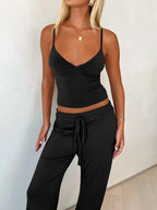 Sarah Express Women's V-Neck Cami and Pants Set - Two Piece Loungewear Black