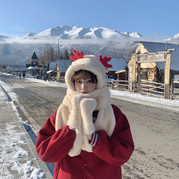 Sarah Express 3-in-1 Winter Hat Scarf Gloves Set - Warm Knit Beanie with Attached Scarf & Gloves for Women