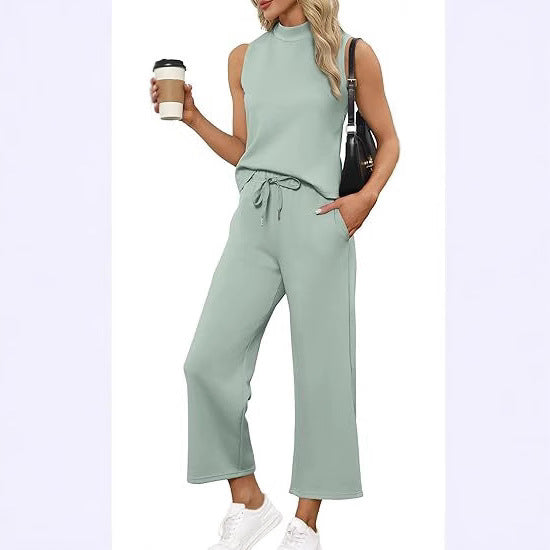 Sarah Express Women's Sleeveless Top Wide Leg Cropped Pants Two-Piece Set Matching Outfit