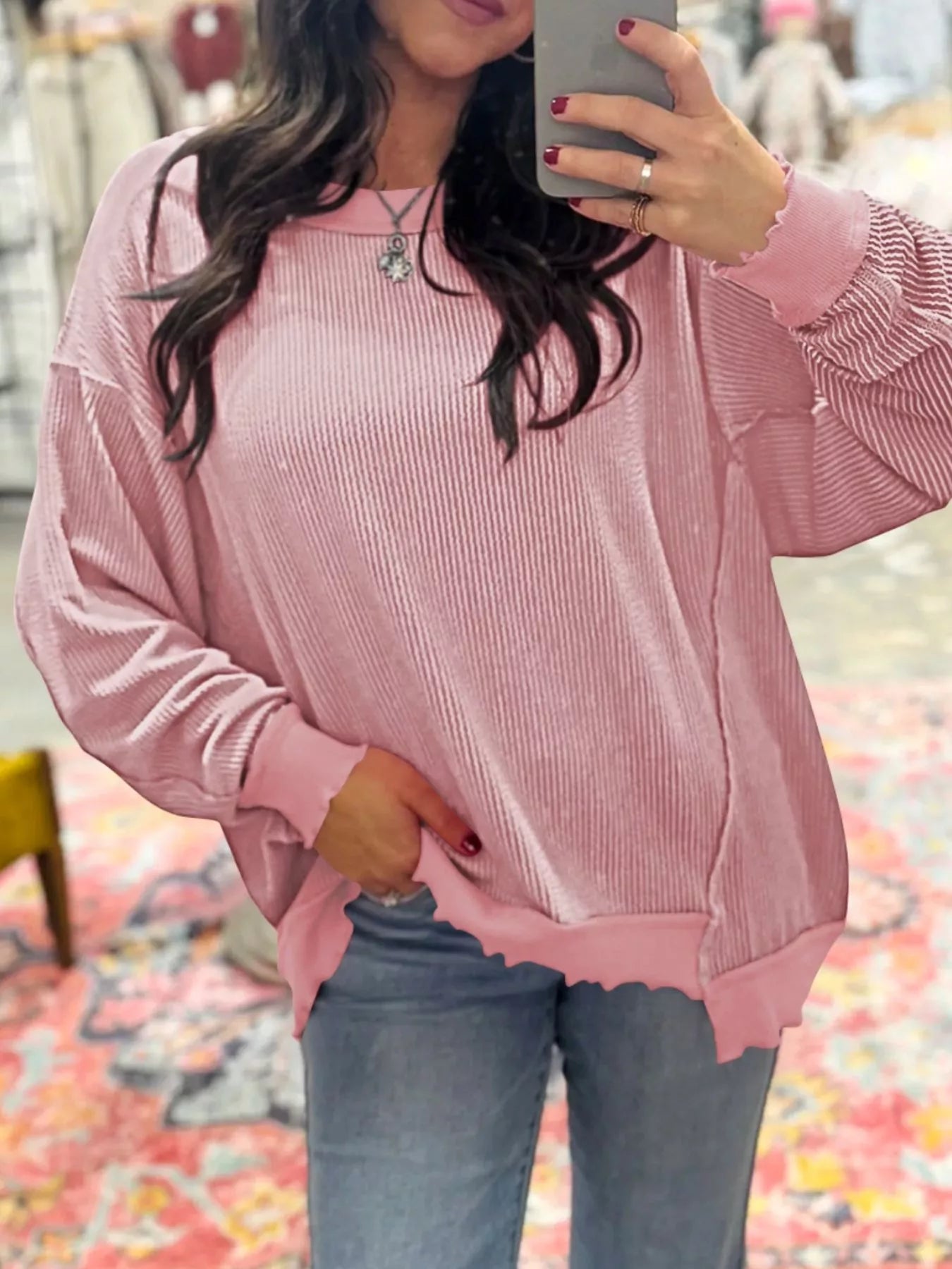 Sarah Express Women's Ribbed Knit Dropped Shoulder Sweatshirt