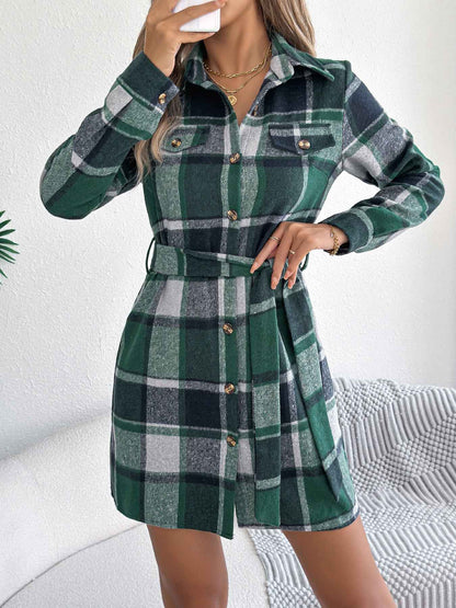 Sarah Express Women's Color-Blocked Plaid Tweed Shirt Dress with Tie Waist Green