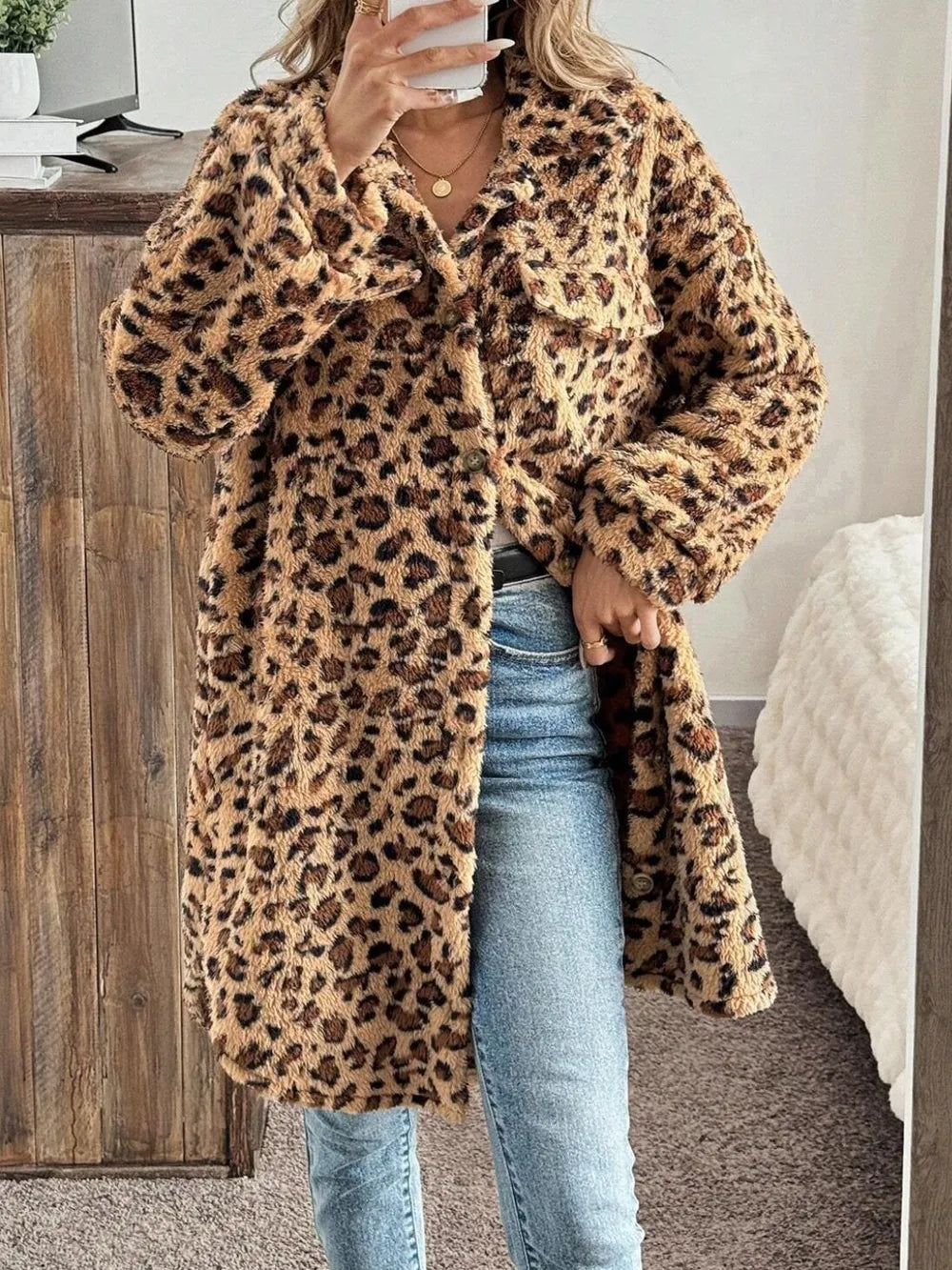 Sarah Express Women's Leopard Print Button Up Long Sleeve Fuzzy Coat Leopard