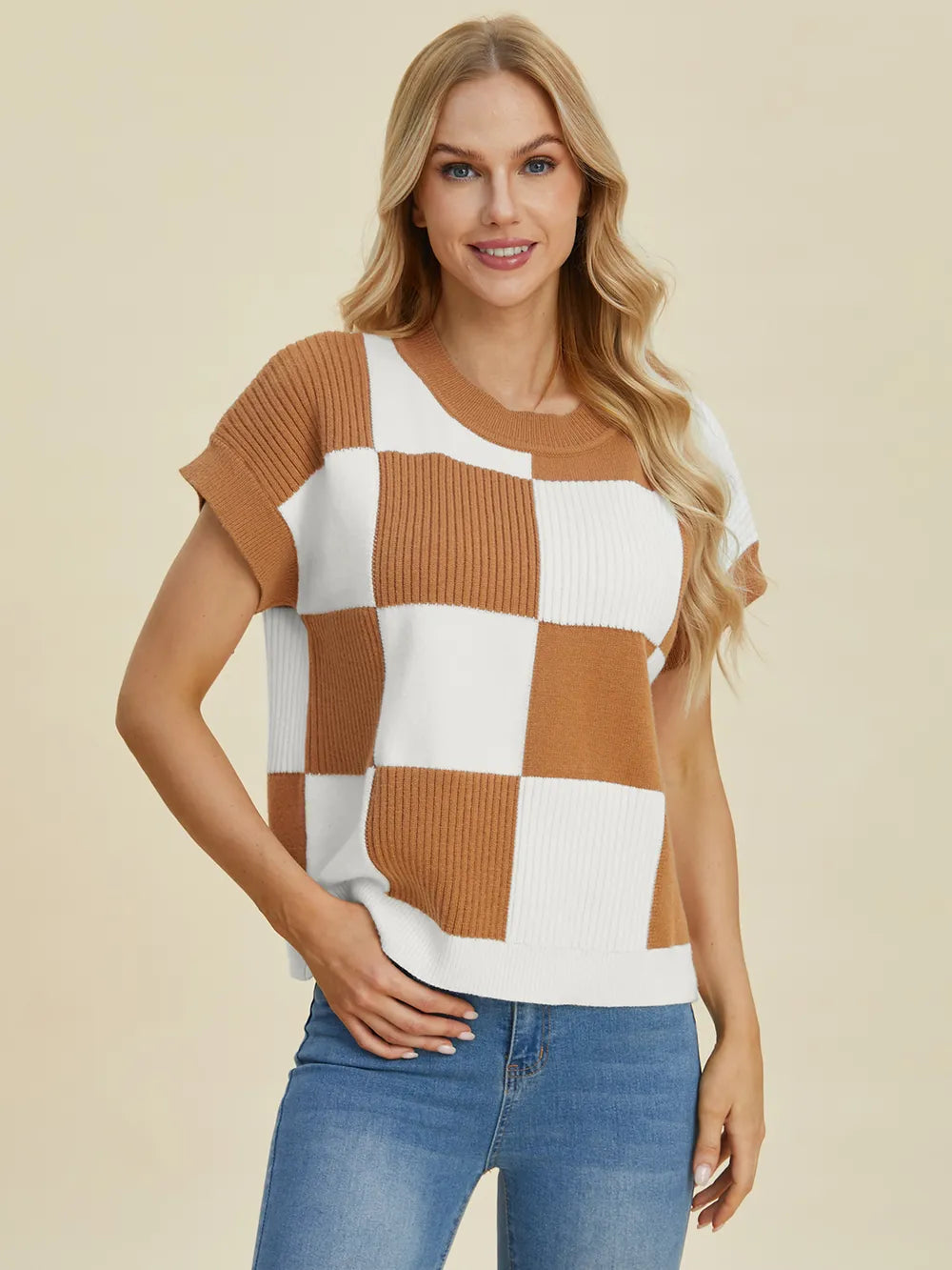 Sarah Express Women's Checkered Round Neck Short Sleeve Sweater