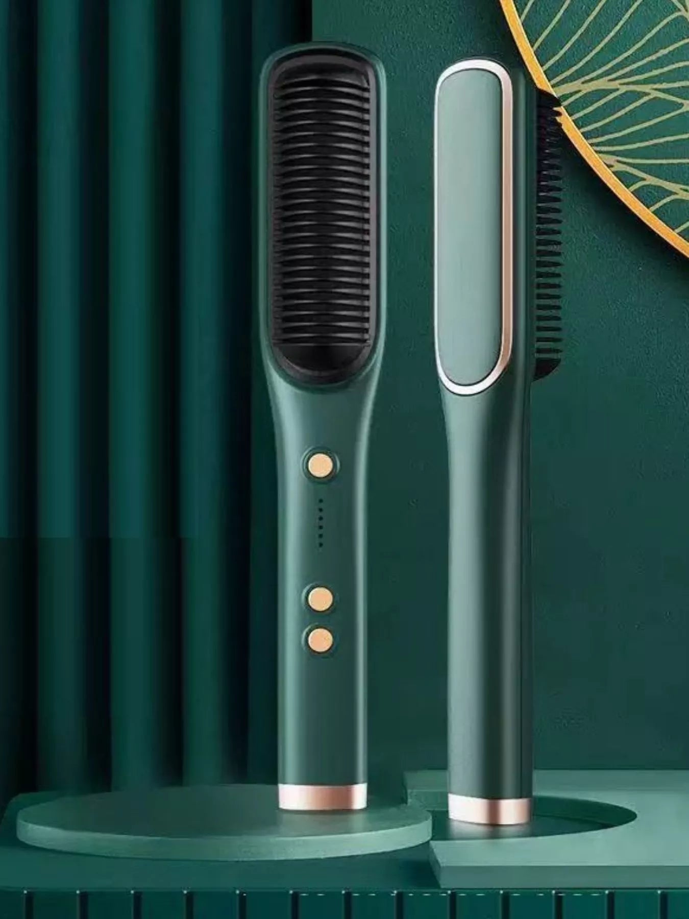 Sarah Express 2-in-1 Hair Straightener Brush Comb - Heating Straightening & Curling Tool Dark Green
