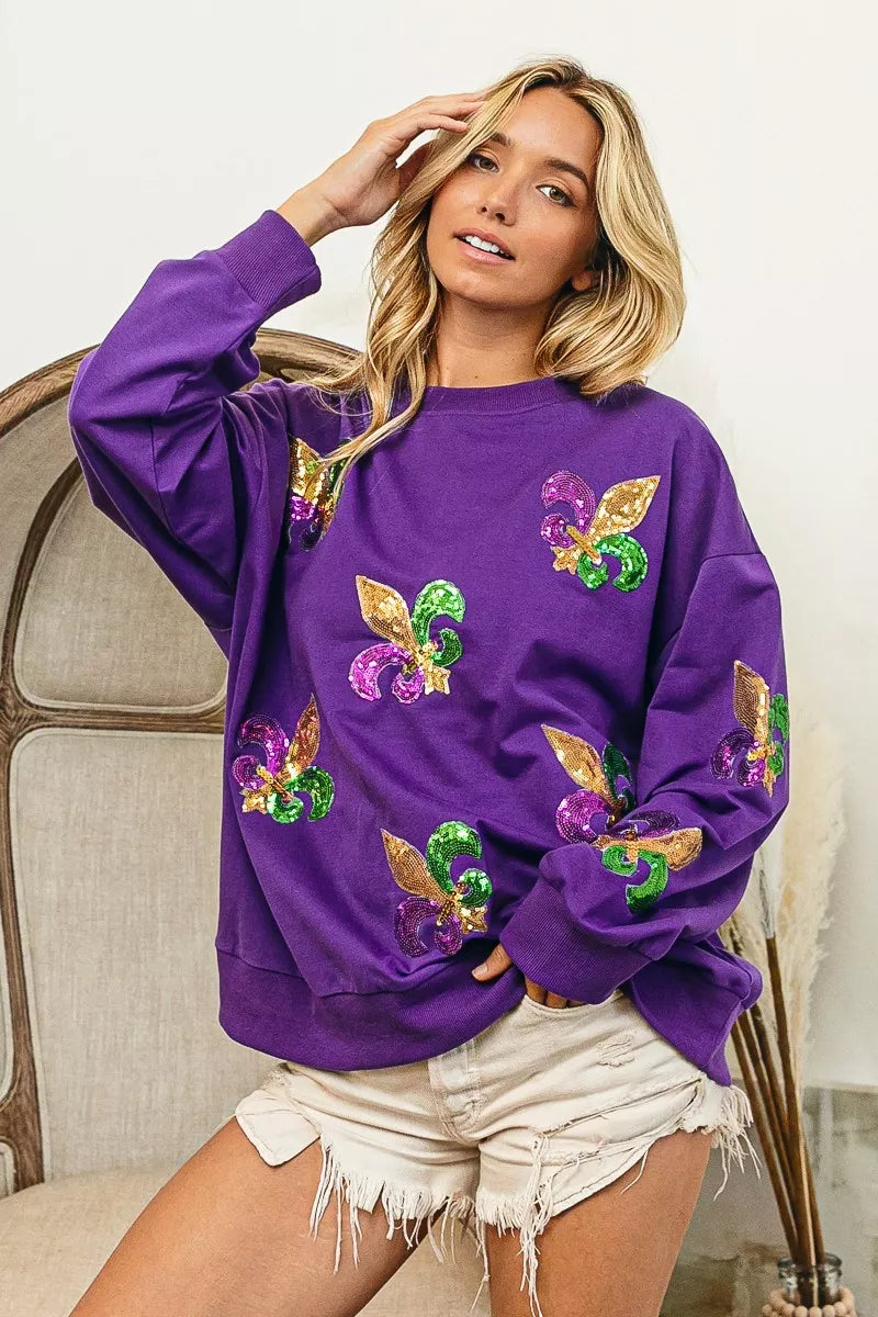 Sarah Express Women's Fleur De Lis Sequin Patches Mardi Gras Sweatshirt PURPLE