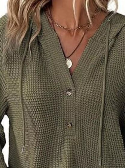 Sarah Express Women's Button Detail Waffle Knit Hoodie - Plus Size Drawstring Pullover with Pockets