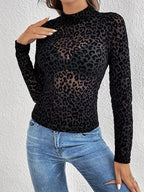 Sarah Express Women's Leopard Print Mock Neck Long Sleeve Top