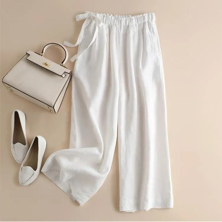 Sarah Express High Waist Lace-Up Cropped Pants Women's Elastic Waist Retro Cotton Casual Bottoms