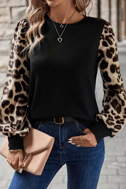 Sarah Express Women's Leopard Print Long Sleeve Blouse - Animal Print Top Black