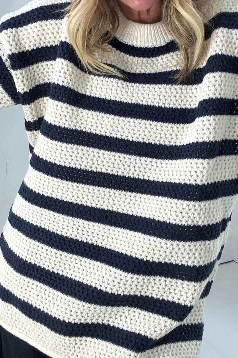 Sarah Express Women's Striped Knit Dropped Shoulder Sweater - Ribbed Long Sleeve Top