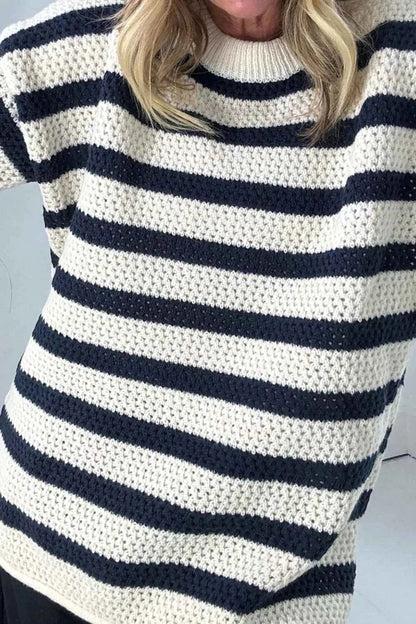 Sarah Express Women's Striped Knit Dropped Shoulder Sweater - Ribbed Long Sleeve Top