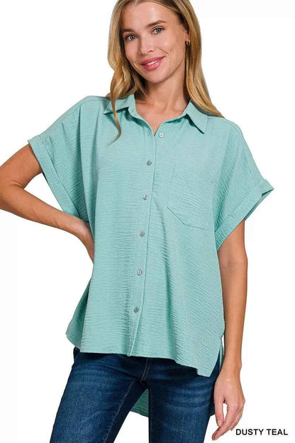 Sarah Express Women's Woven Airflow Button Down Shirt - Breathable Lightweight Top