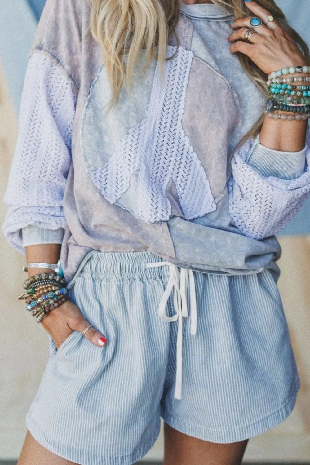 Sarah Express Women's Striped Denim Shorts with Drawstring Waist - High Waisted Cotton Casual Summer Shorts