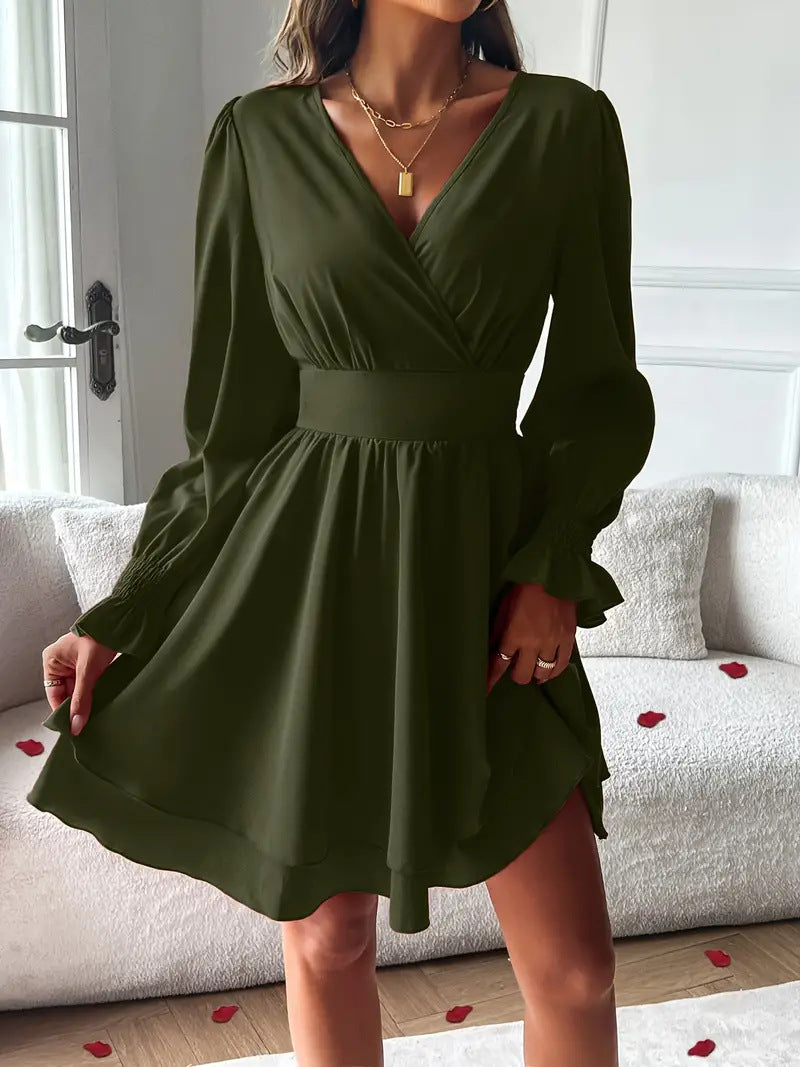 Sarah Express Women's V-Neck Long Sleeve Double Layer Skirt Work Dress