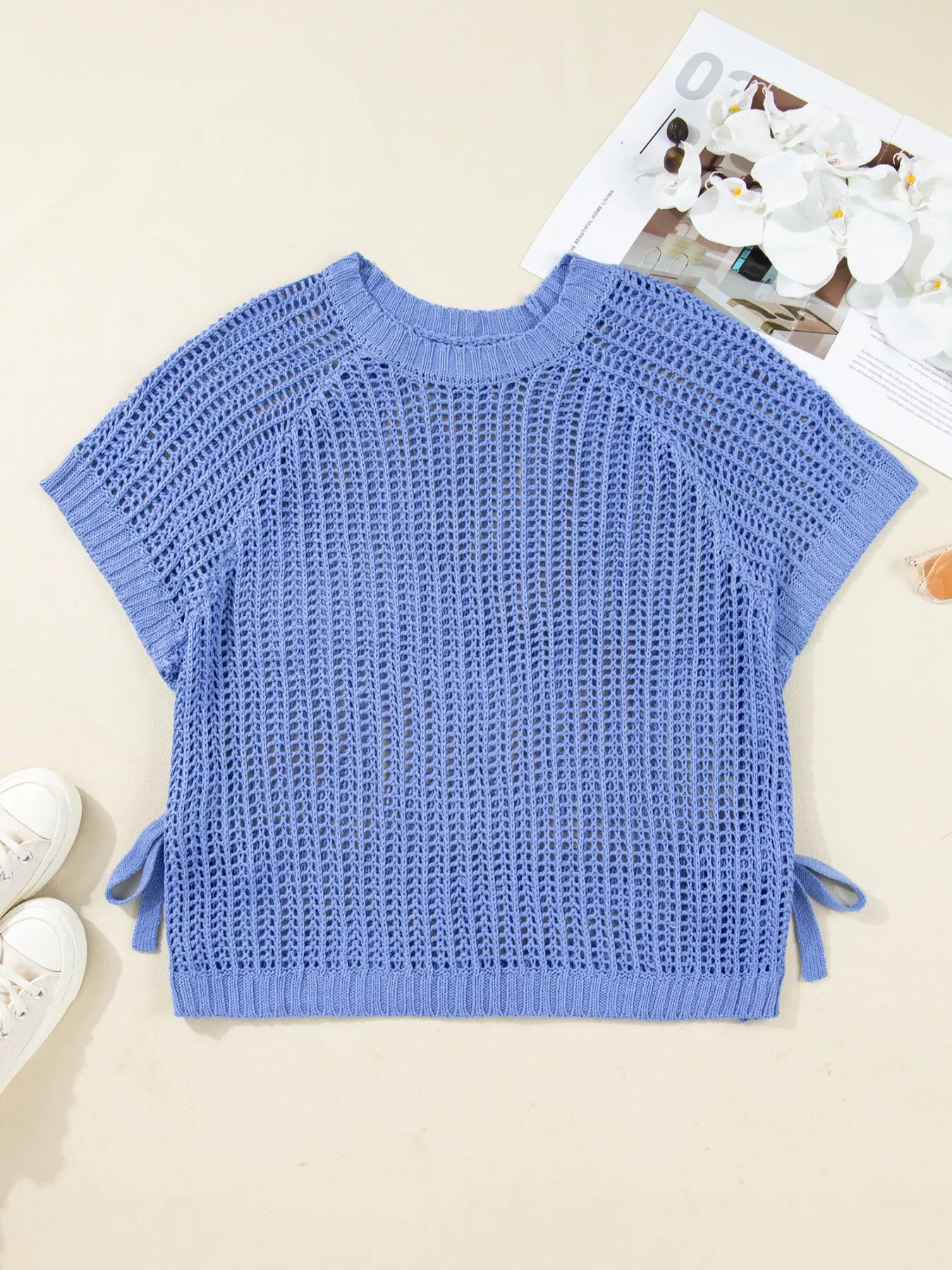 Sarah Express Women's Plus Size Open Knit Bow Tie Short Sleeve Sweater