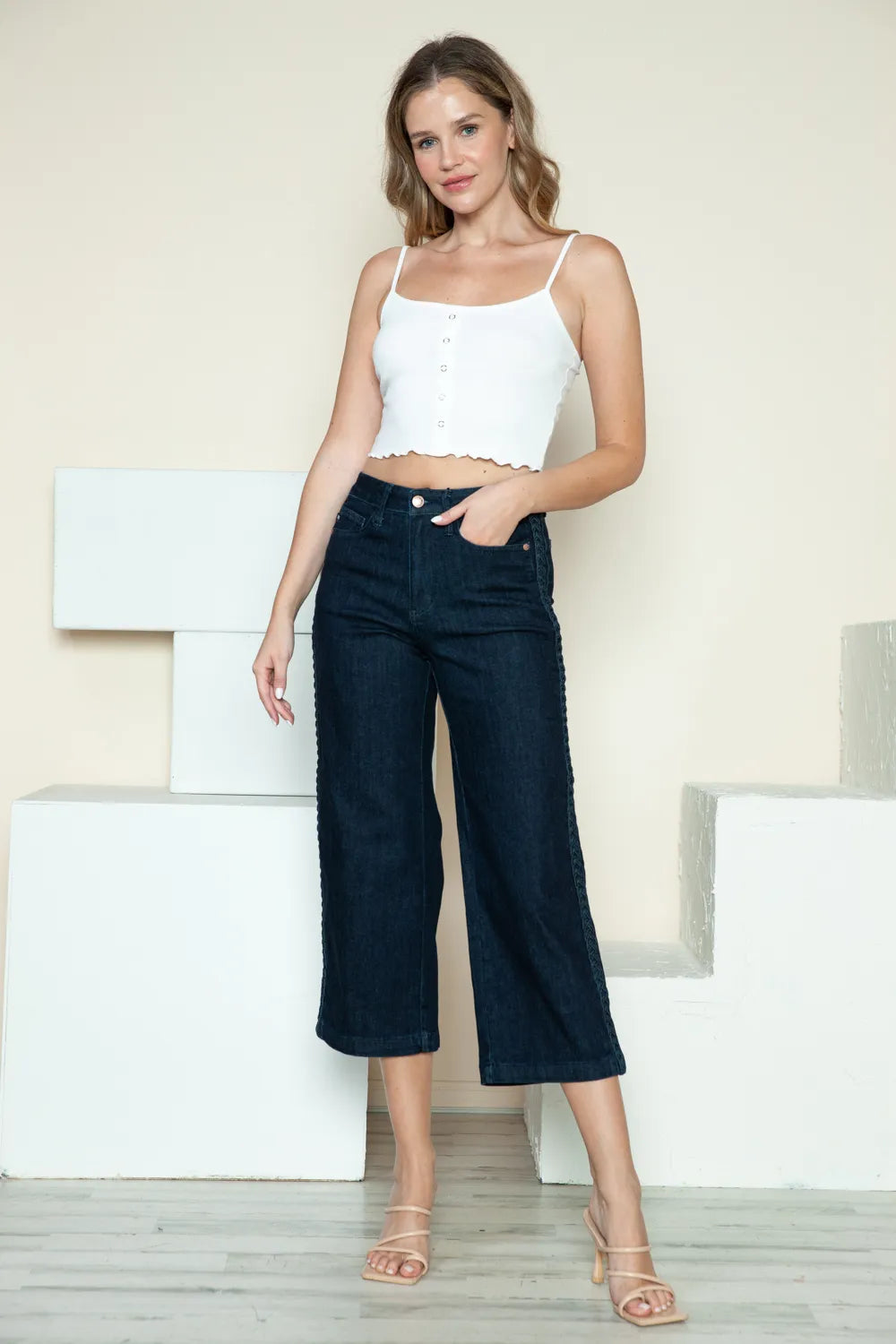 Sarah Express Women’s Plus Size High Rise Crop Wide Leg Jeans with Braid Detail
