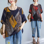 Sarah Express Women's Retro Print Round Neck T-Shirt Loose Fit Short Sleeve Cotton Blend Top