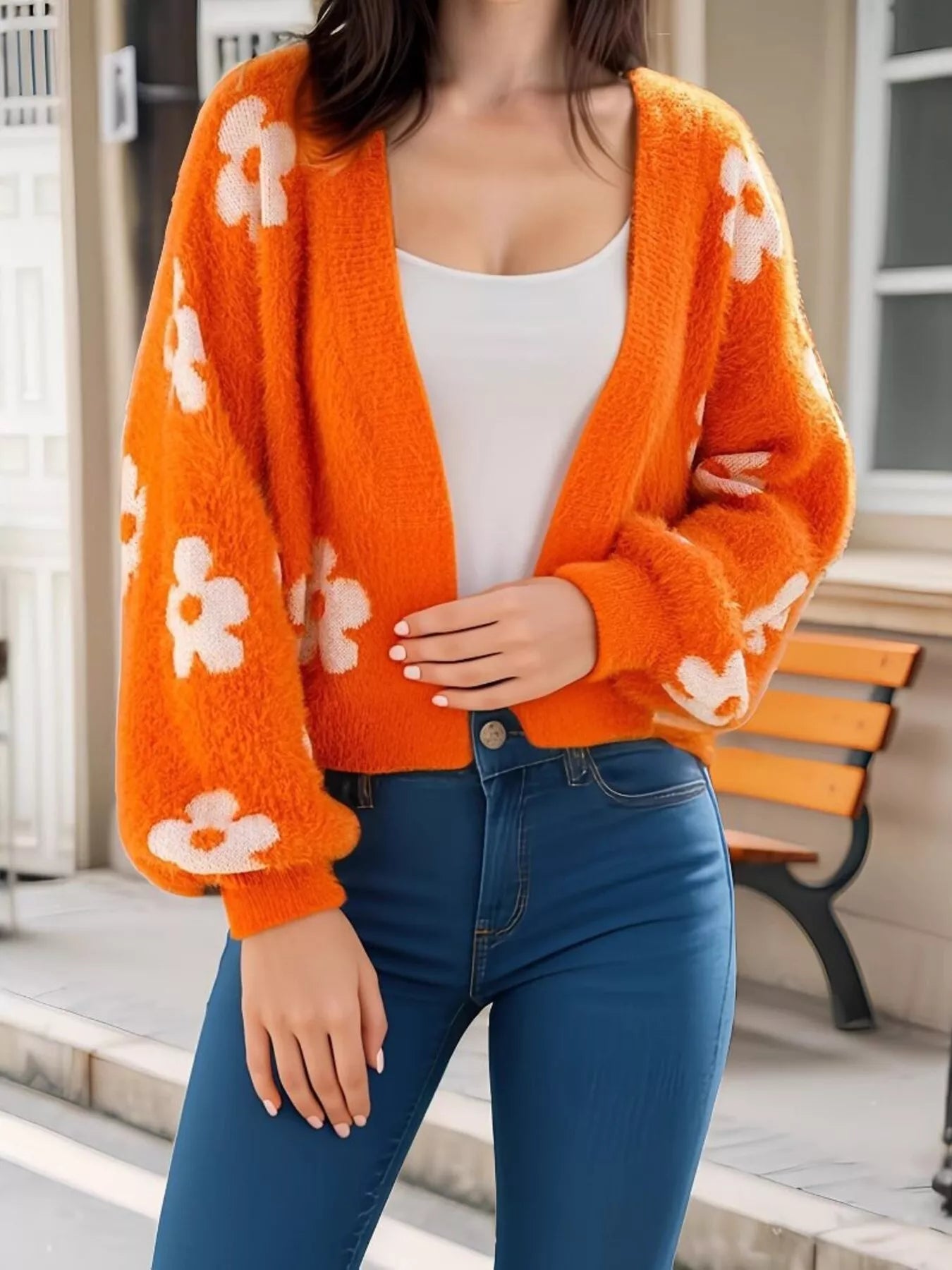 Sarah Express Women's Floral Open Front Cardigan Orange