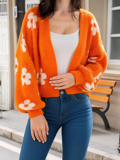 Sarah Express Women's Floral Open Front Cardigan Orange