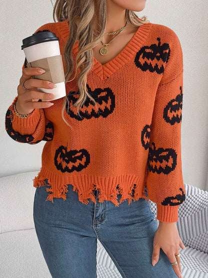 Sarah Express Women's Color Block Pumpkin Distressed Pullover Sweater Long Sleeve Knitwear