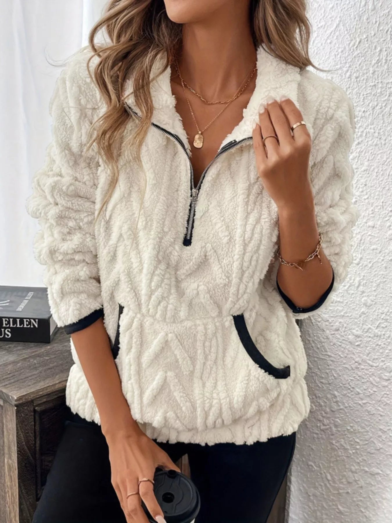 Sarah Express Women's Sherpa Half Zip Sweatshirt Plus Size White