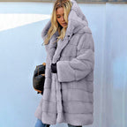 Sarah Express Plush Faux Fur Hooded Coat Loose Fit Medium Length