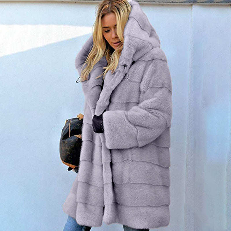 Sarah Express Plush Faux Fur Hooded Coat Loose Fit Medium Length