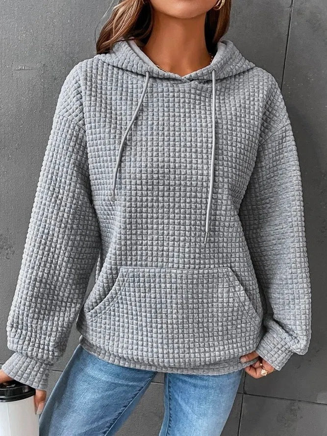 Sarah Express Women's Solid Color Hoodie Long Sleeve Plaid Pocket Pullover Sweatshirt Casual