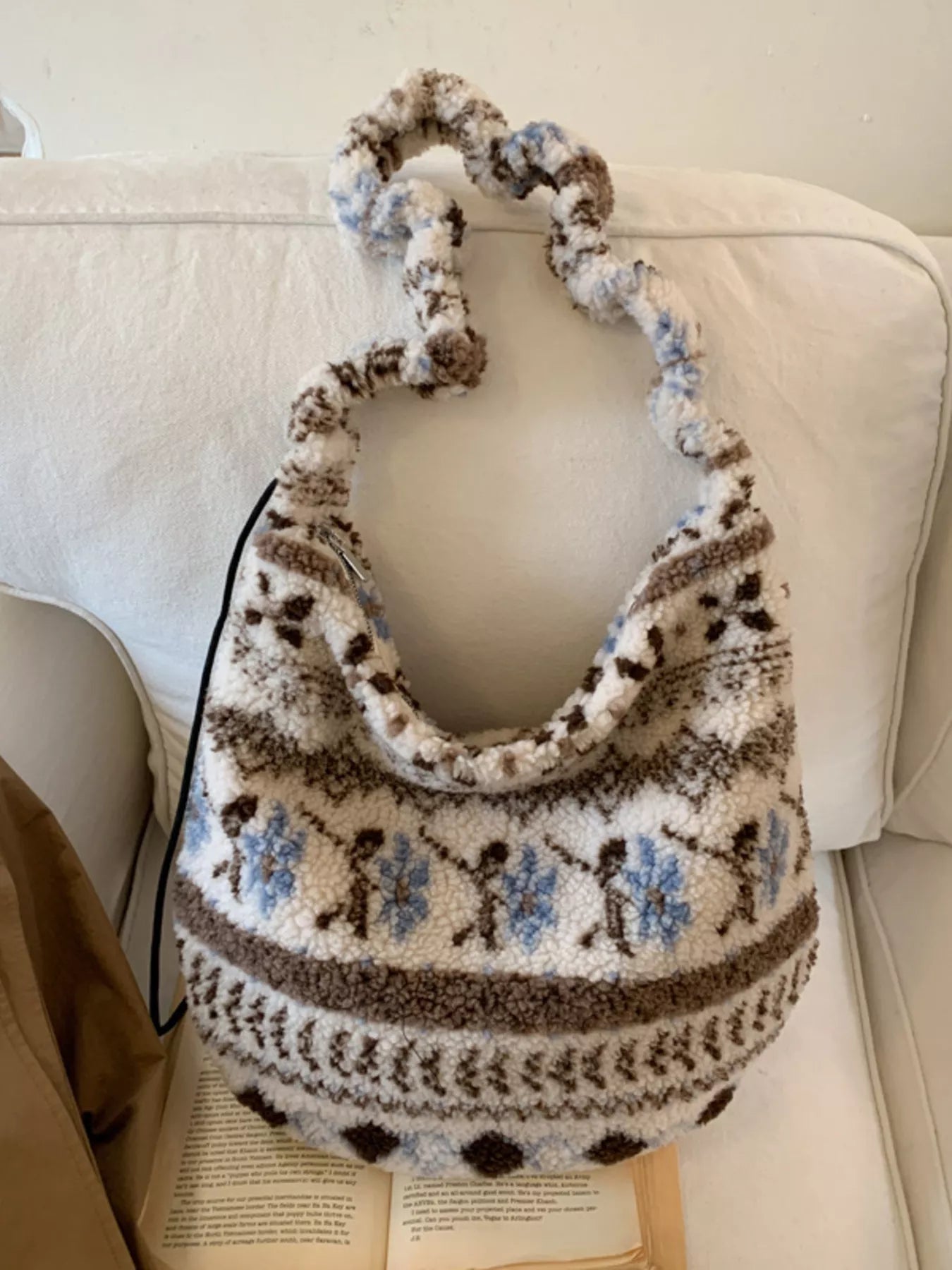 Sarah Express Women's Sherpa Ruched Strap Handbag - Plush Medium Shoulder Bag Taupe ONESIZE