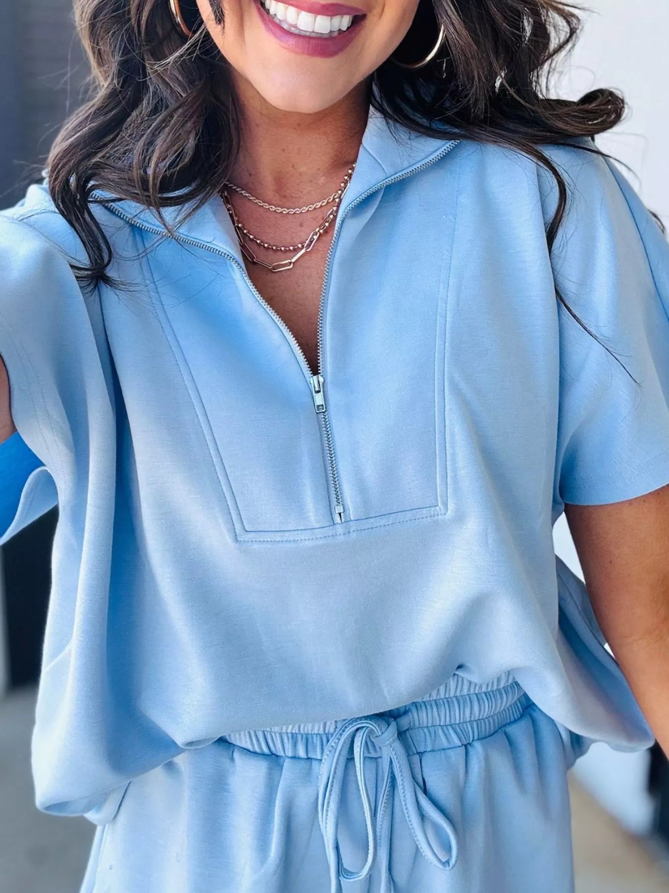 Sarah Express Women's Half Zip Sweatshirt Set - Loose Fit Short Sleeve 2 Piece Outfit