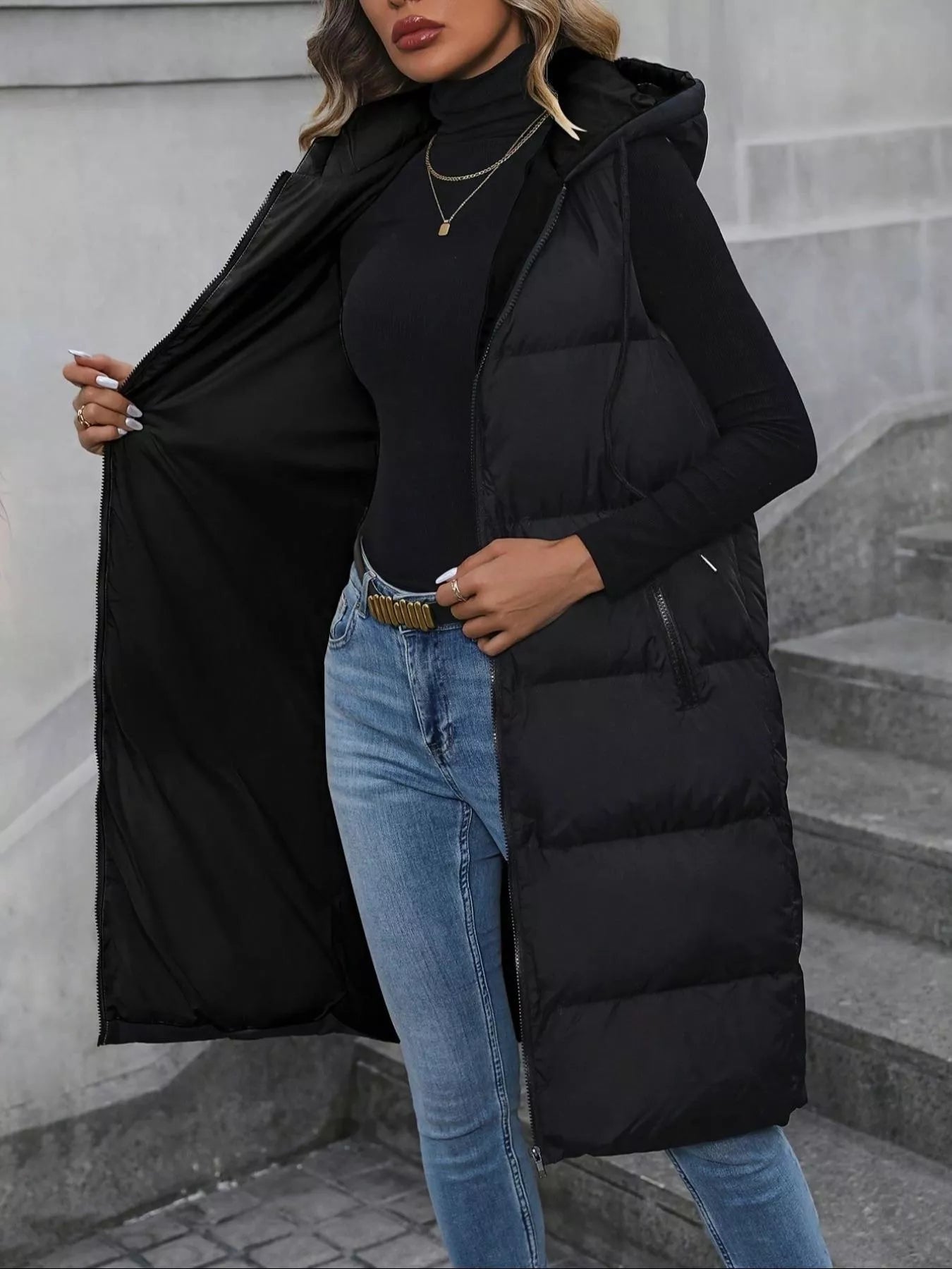 Sarah Express Women's Longline Padded Hooded Vest Coat