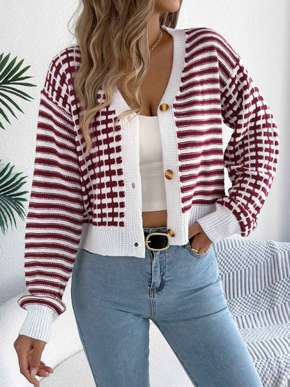 Sarah Express Women's Color Block Stripe Cardigan Sweater Lantern Sleeve Knit