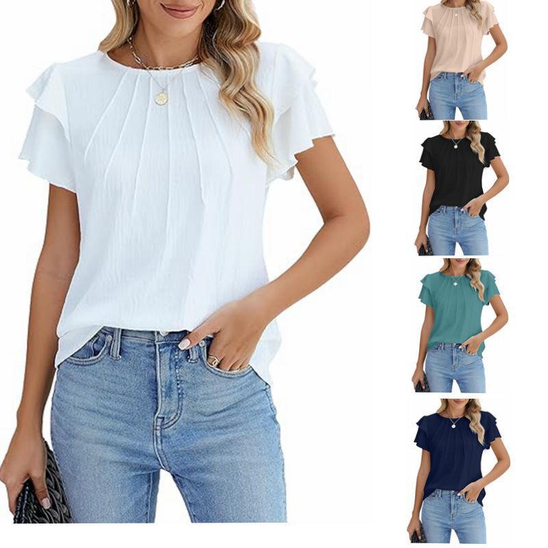 Sarah Express Women's Pleated Round Neck Blouse Short Sleeve Professional Work Top