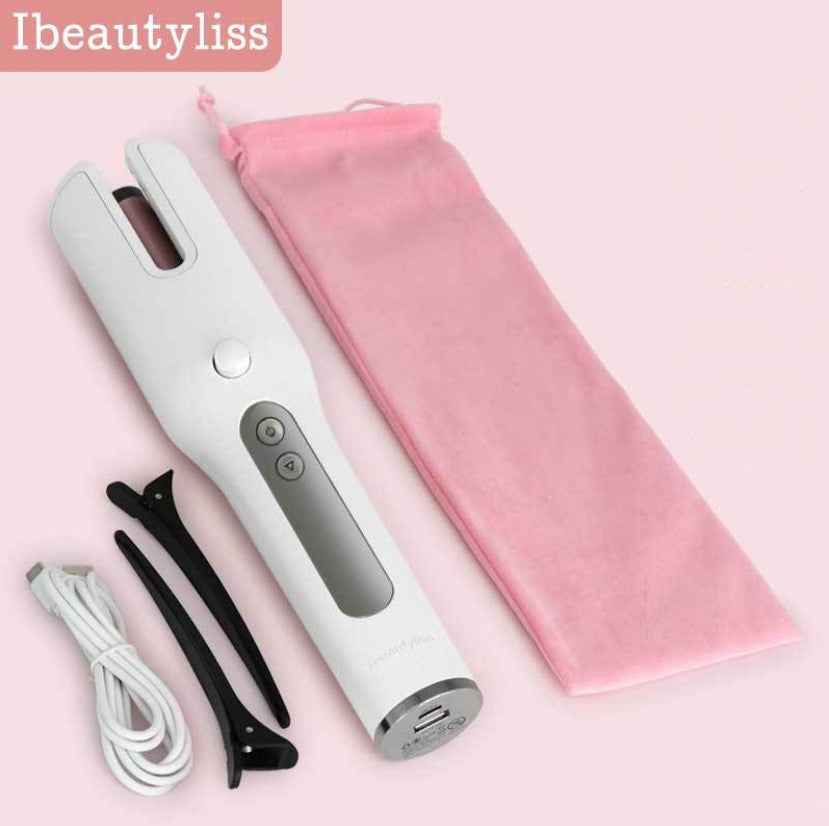 Sarah Express Wireless Rechargeable Automatic Curling Iron - Cordless Ceramic Hair Curler with Anti-Scald Technology Silver white