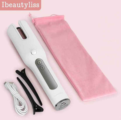 Sarah Express Wireless Rechargeable Automatic Curling Iron - Cordless Ceramic Hair Curler with Anti-Scald Technology Silver white