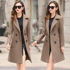 Sarah Express Women's Vintage Windbreaker Knee Length Tweed Coat Double Breasted Long Sleeve