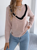 Sarah Express Women's Hollow-Out Knit Top with Contrast Trim