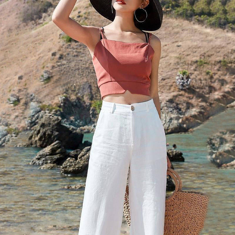 Sarah Express Women's High Waist Straight Leg Cotton Linen Pants Loose Fit Lightweight Summer Trousers