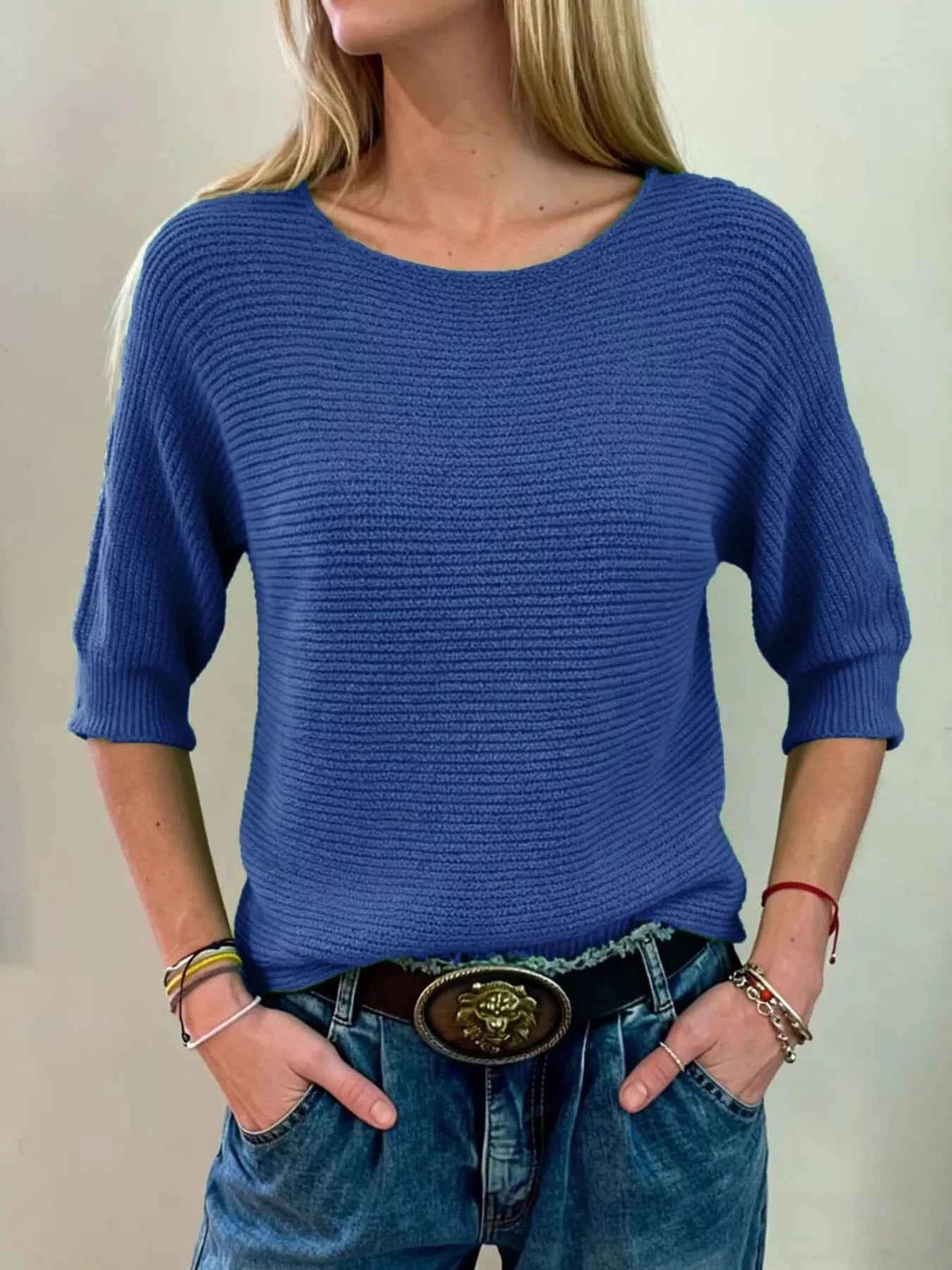 Sarah Express Women's Ribbed Knit Round Neck Sweater - Plus Size Available Blue